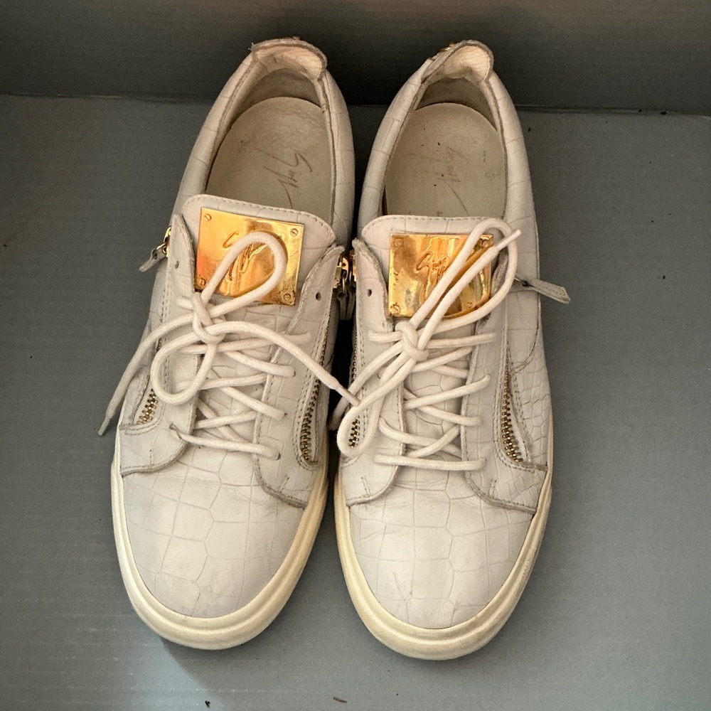 Giuseppe Zanotti White Croc-Embossed Low-Top Sneakers with Gold Plate